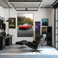 Crusin' Ferrari 488 Spider wall art displayed in a stylish office setting with other car posters.