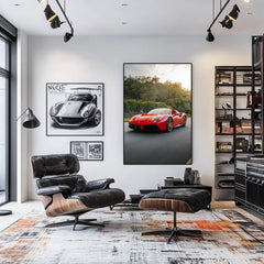 Crusin' Ferrari 488 Spider showcased as car wall art, racing through nature in a stylish modern living room.