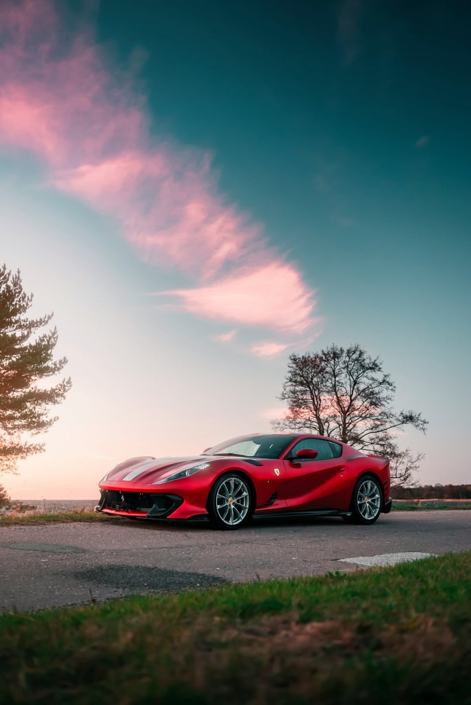 Ferrari 812 Superfast at Sunset, showcasing its Rosso Corsa body under a vibrant sky, perfect for car wall art.