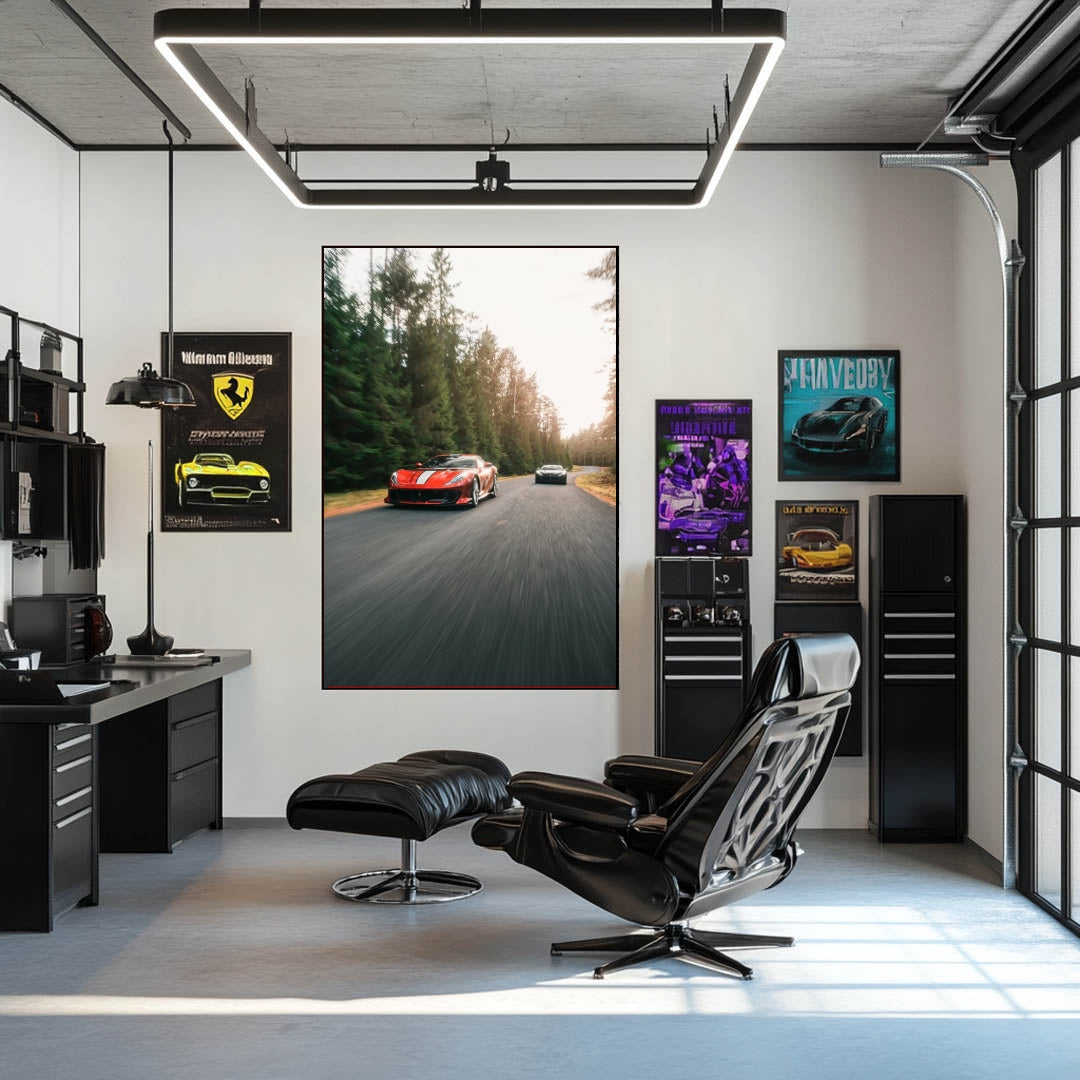 Ferrari 812 Competizione in Action poster in a modern office with car wall art and sleek furniture.