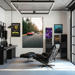 Ferrari 812 Competizione in Action poster in a modern office with car wall art and sleek furniture.