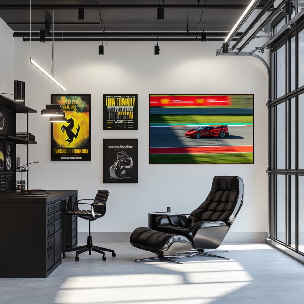 Ferrari FXX-K Evo Racing car wall art displayed in a stylish office with modern decor and a sleek black chair.