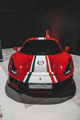 Ferrari x FIA Championship Badge on a red car with white and Italian flag stripes, perfect for car wall art.