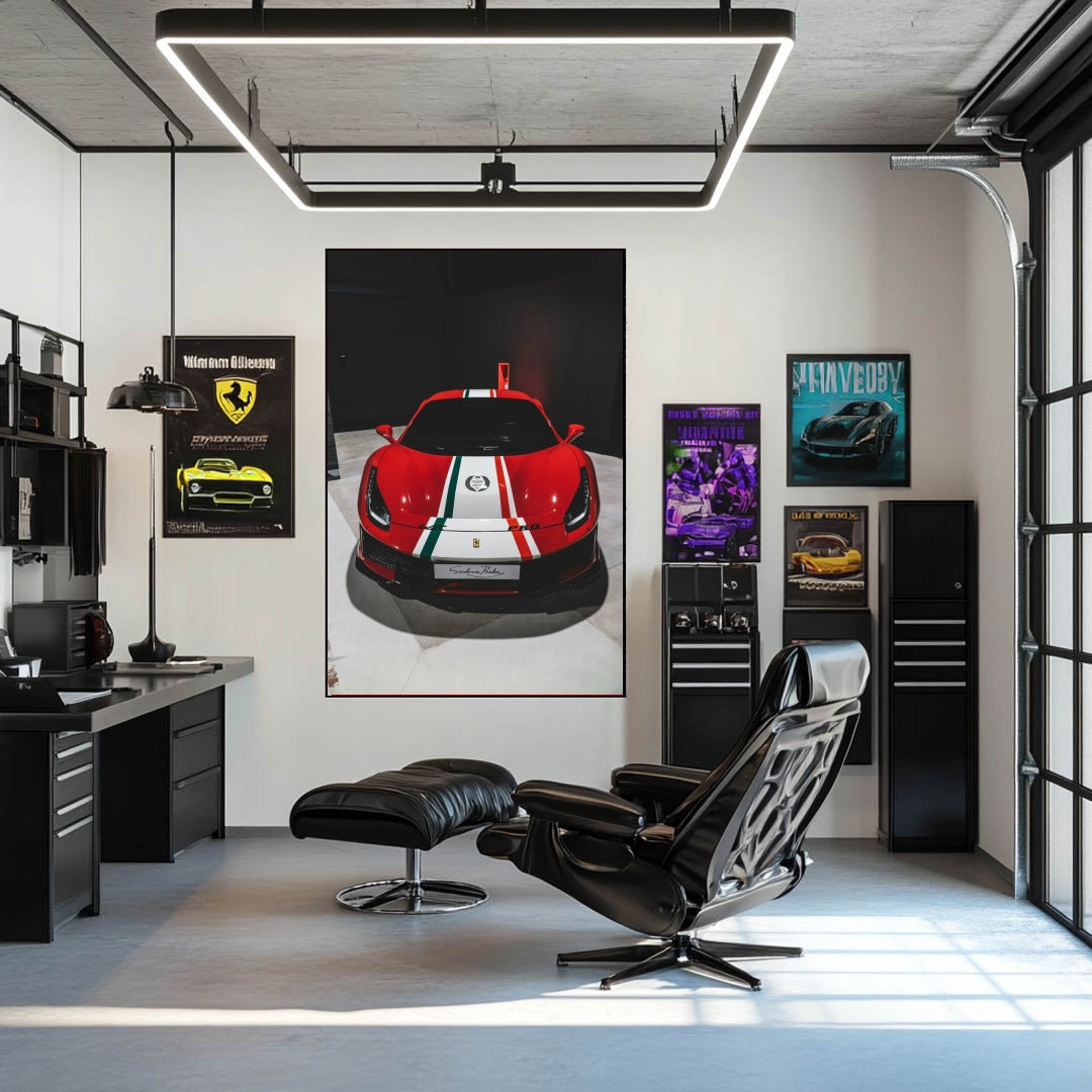 Ferrari x FIA Championship Badge car wall art displayed in a modern office environment with sleek furniture.