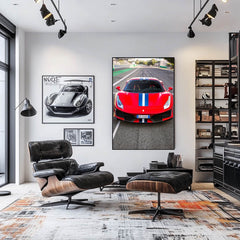 Ferrari 488 Pista on Track wall art displayed in a modern living room with stylish furniture.