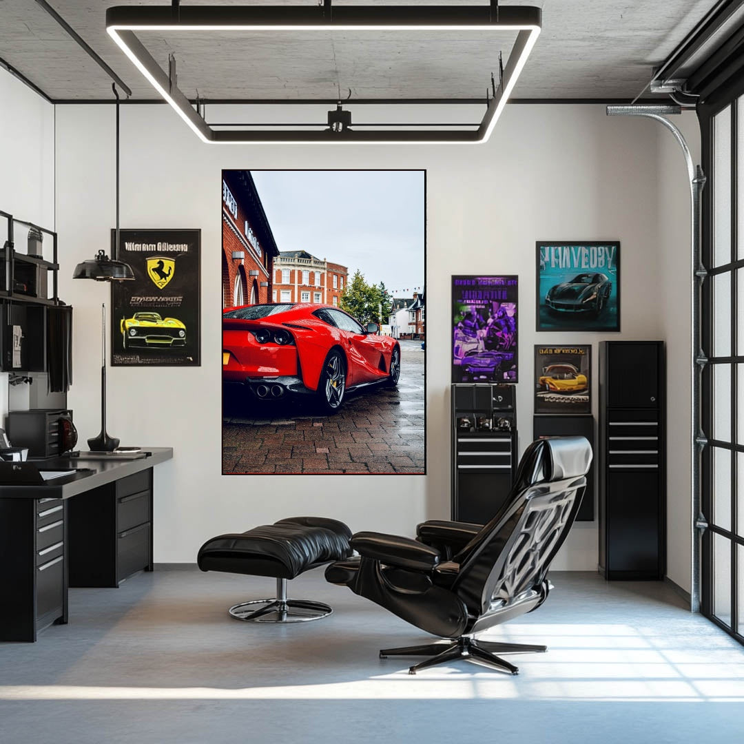 Ferrari 812 Superfast on Wet Streets, glossy red car wall art in a stylish office setting with modern decor.