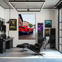 Ferrari 812 Superfast on Wet Streets, glossy red car wall art in a stylish office setting with modern decor.