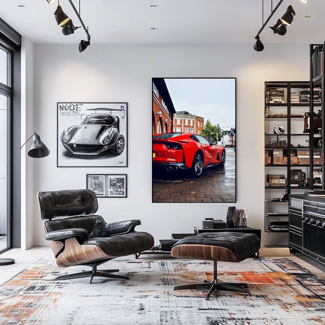 Ferrari 812 Superfast on Wet Streets showcased in modern interior with urban decor, emphasizing its glossy red finish.