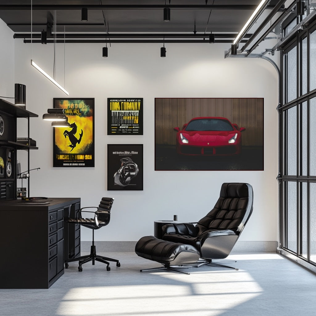 Rain-Soaked Ferrari 488 GTB wall art displayed in a modern office interior with black furniture and large windows.