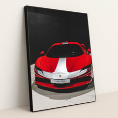 This photo shows a red Ferrari sports car with a white racing stripe parked indoors under direct lighting, in a black frame.