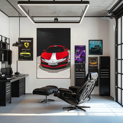 Ferrari SF90 Stradale Beauty showcased as car wall art in a modern office, featuring bold colors and sleek design.