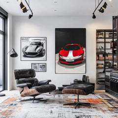 Ferrari SF90 Stradale Beauty displayed as car wall art in a modern living room with stylish furniture.