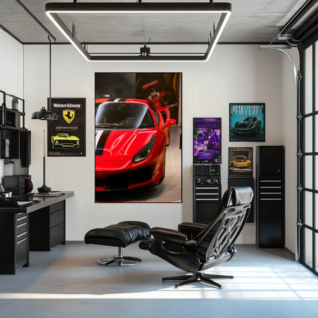 Ferrari 488 Pista in Focus showcased as car wall art in a modern office setting, featuring a red sports car with racing stripes.