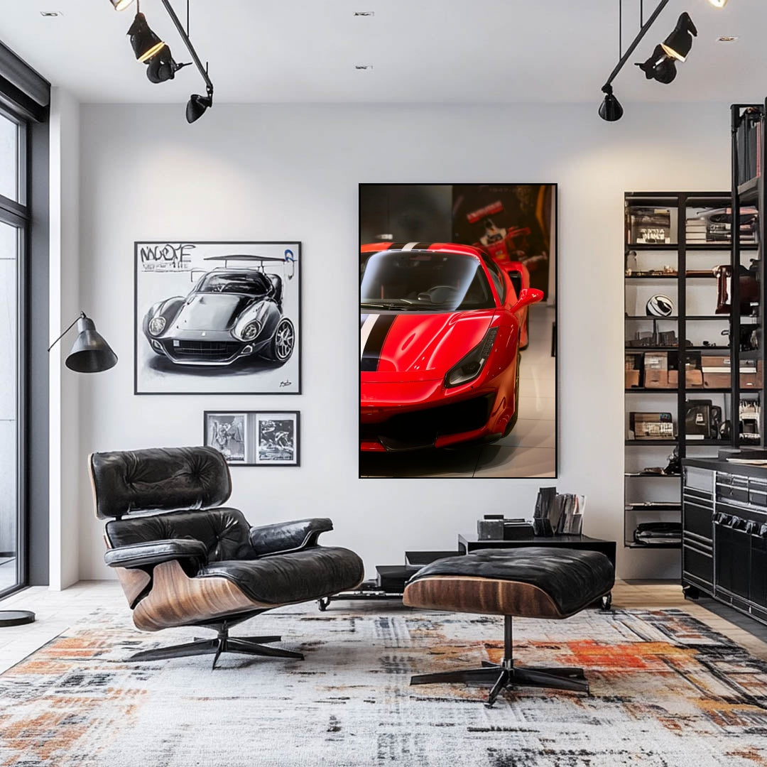 This photo shows the front left side of a red Ferrari with a black and white racing stripe, parked indoors, in a black frame.