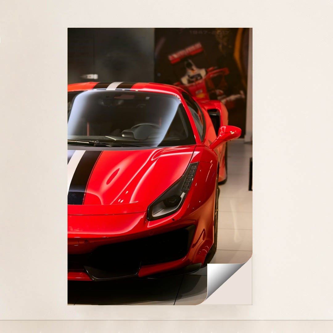 Close-up of a Ferrari 488 Pista in Focus, featuring Rosso Corsa red finish and bold racing stripe, ideal for car wall art.