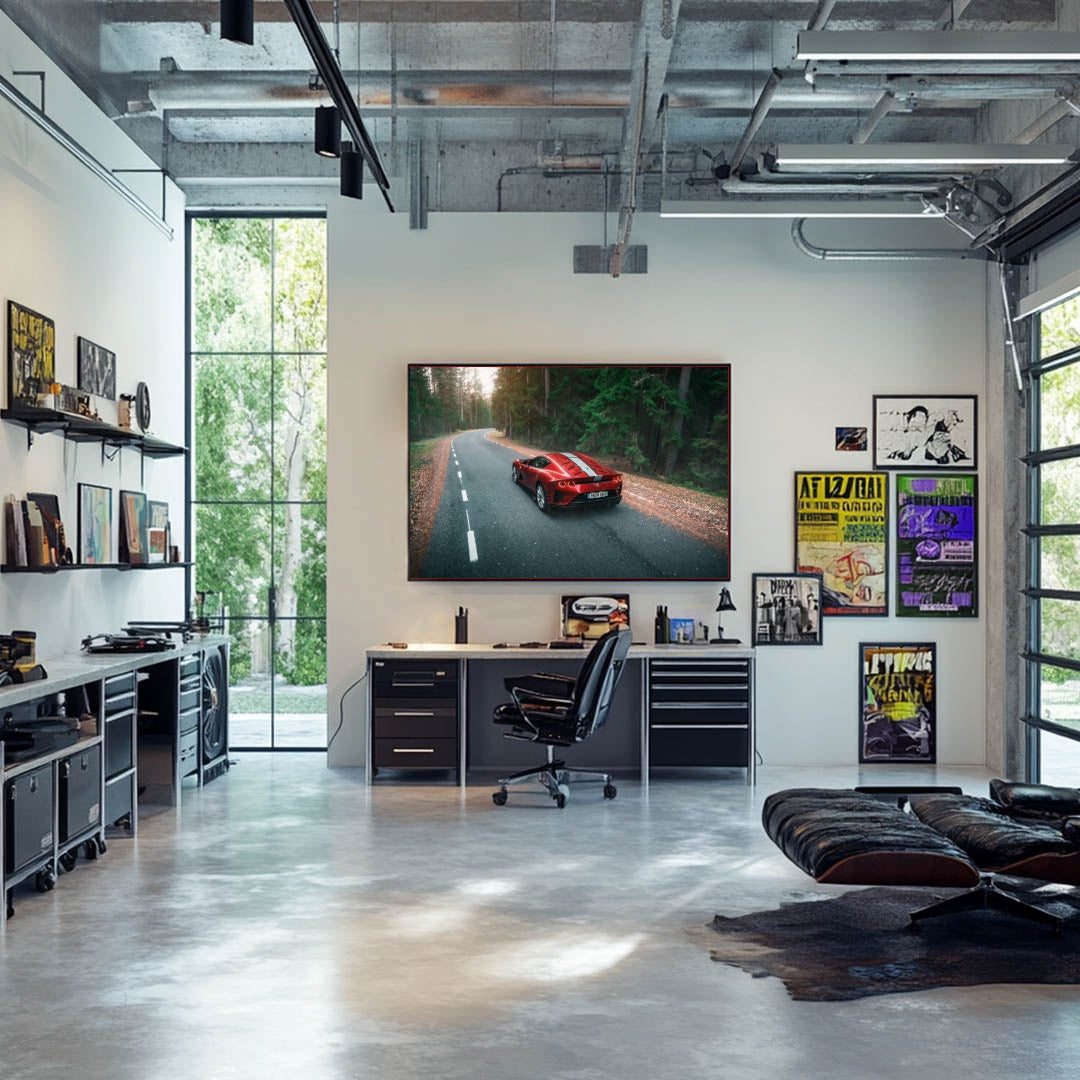 Ferrari 812 Superfast in the Forest displayed as car wall art in a modern office interior.