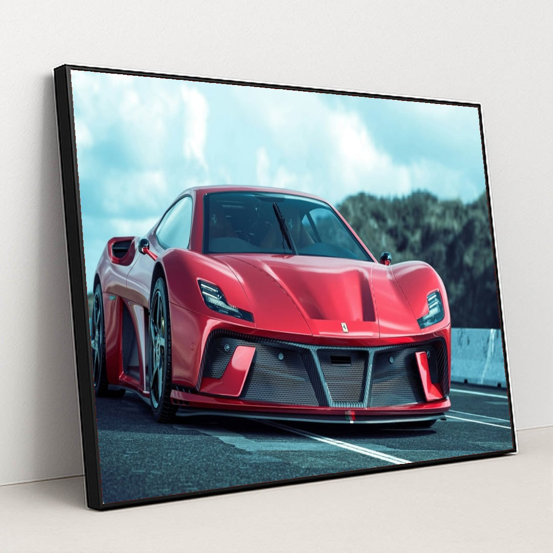 This photo shows a red Ferrari sports car with aggressive styling and carbon fiber accents on a racetrack, in a black frame.