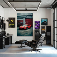 Ferrari F8 Tributo in the City's Grit, showcasing a red sports car in an industrial-themed office space.