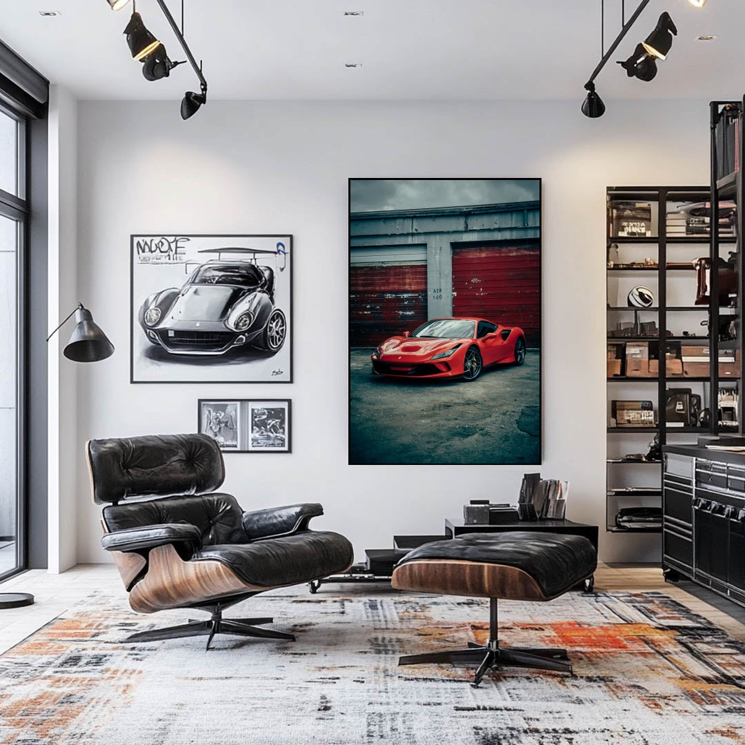 Ferrari F8 Tributo in the City's Grit displayed in modern living room with car wall art.