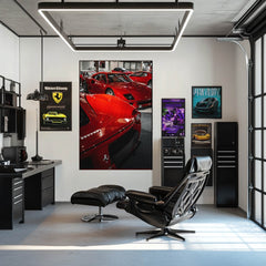 A Ferrari Collection showcased in a modern office with iconic red Ferrari cars and stylish car wall art.