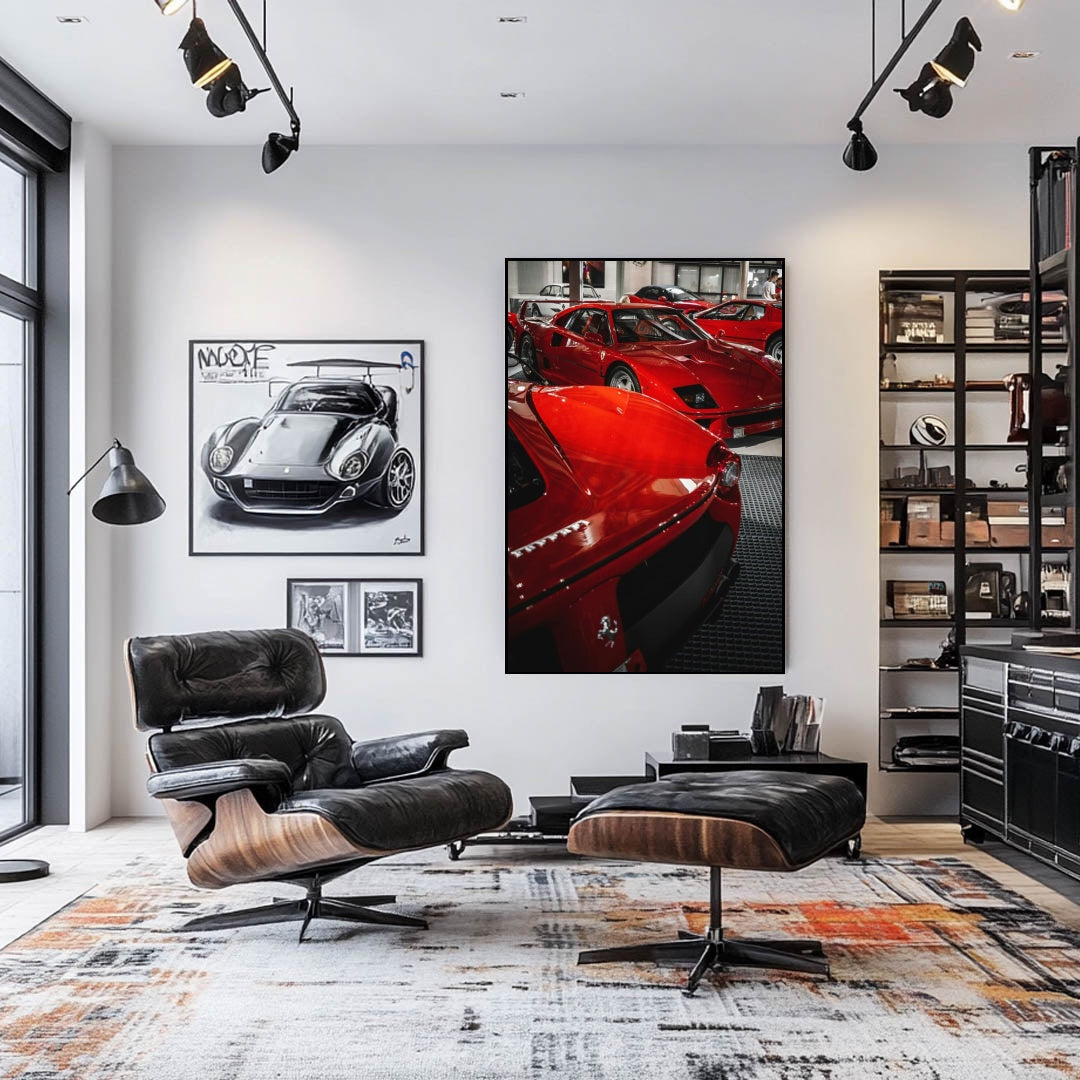 A Ferrari Collection displayed on a wall, showcasing iconic red Ferrari models in a stylish modern room.