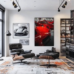 A Ferrari Collection displayed on a wall, showcasing iconic red Ferrari models in a stylish modern room.