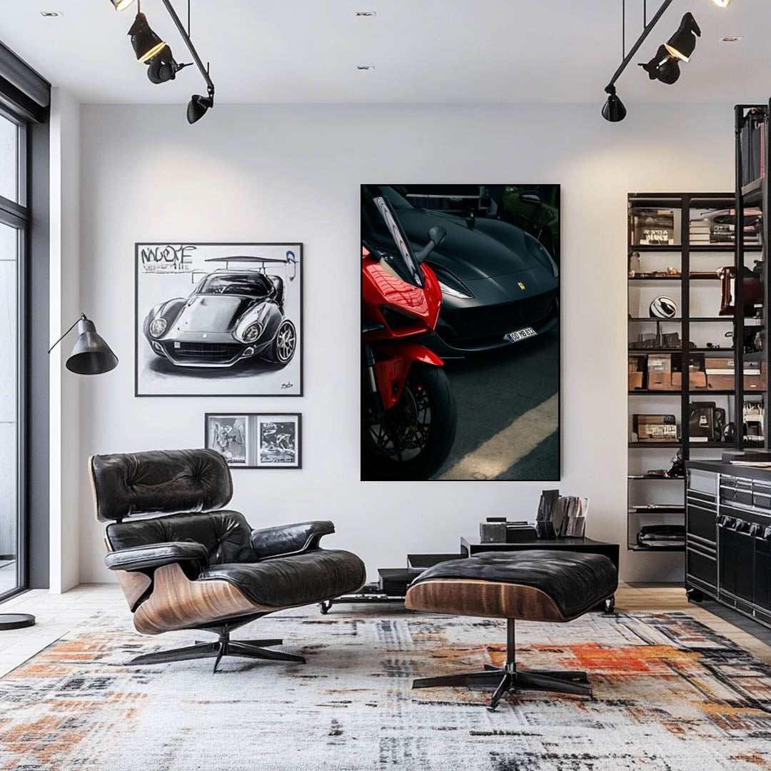 Ferrari vs. Superbike artwork in modern living room, showcasing a red superbike and matte black Ferrari.