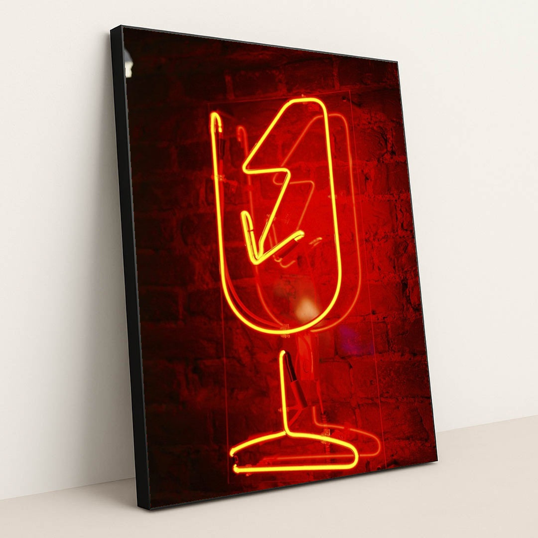 Glowing Red Wineglass Neon Sign by Nadin Sh - Black Frame Stretchiez