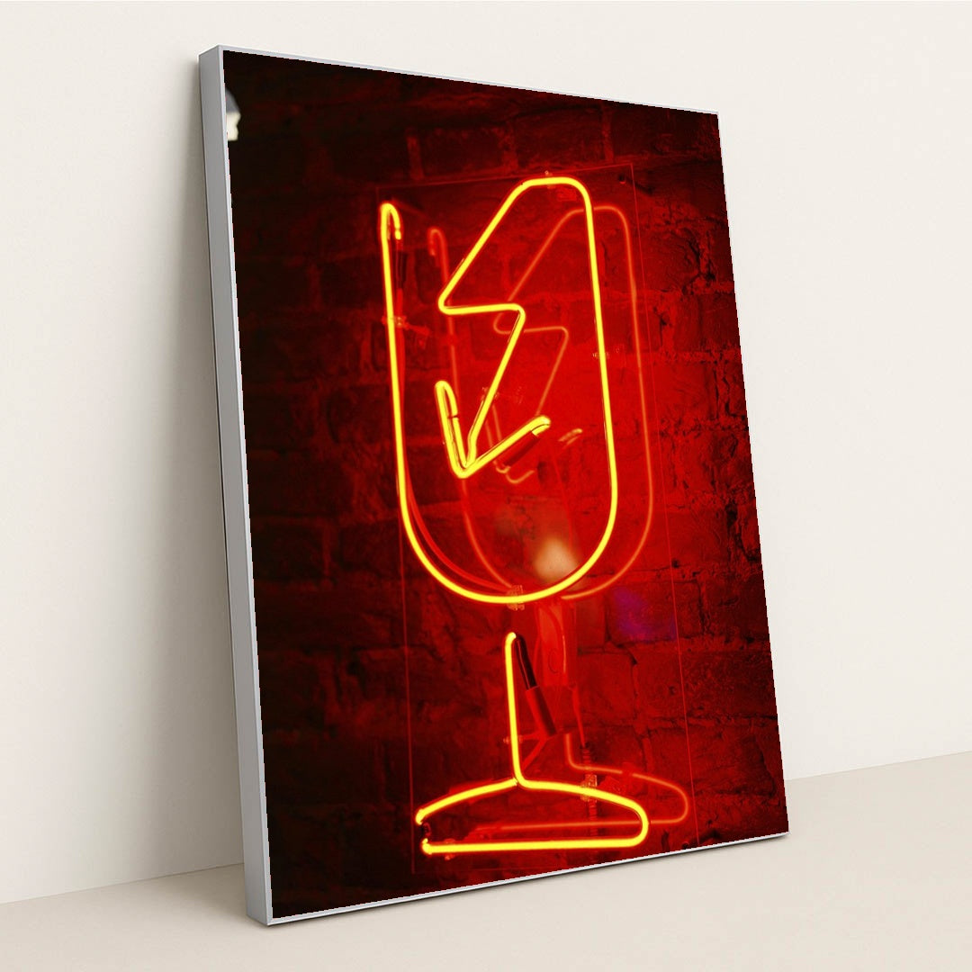 Glowing Red Wineglass Neon Sign by Nadin Sh - Silver Frame Stretchiez