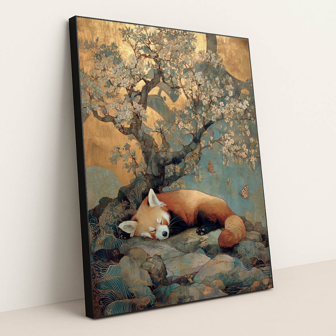 Red Panda's Golden Slumber by Anna Stone - Black Frame Stretchiez