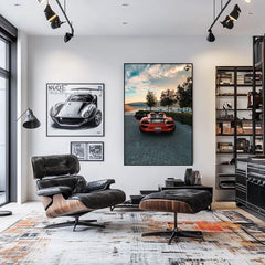 Porsche 911 GT3 RS Parked Above the Bay car wall art in modern interior with leather chair and stylish decor.