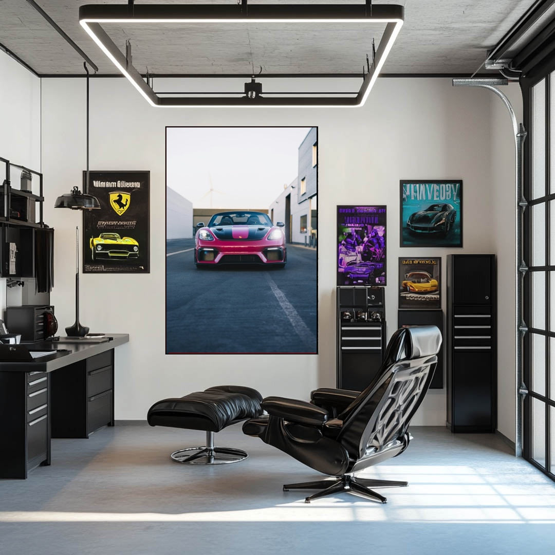 Magenta Porsche 718 Spyder wall art in a modern office with sleek furniture and car-themed posters.