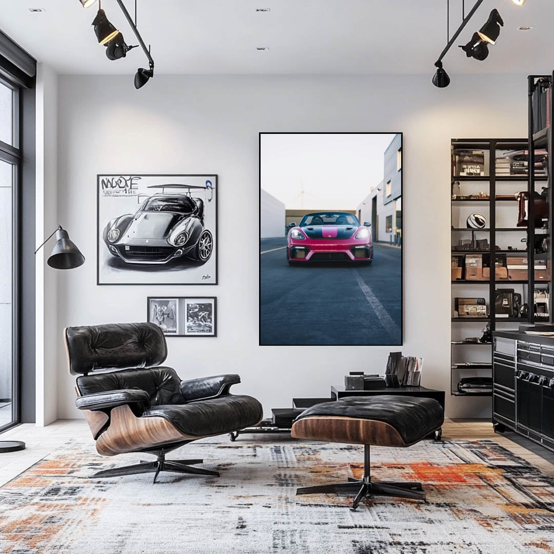 Magenta Porsche 718 Spyder wall art displayed in a modern living room with sleek furniture and artistic vibe.