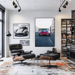 Magenta Porsche 718 Spyder wall art displayed in a modern living room with sleek furniture and artistic vibe.