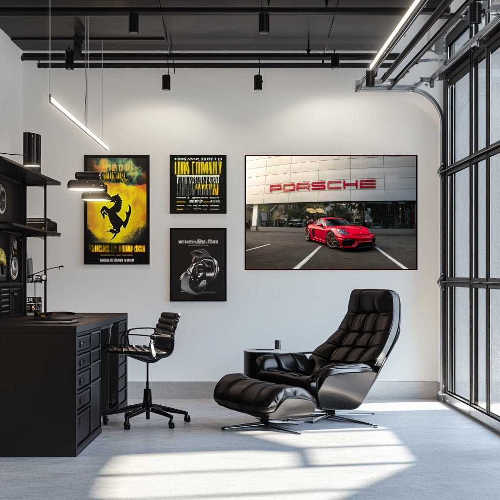 A modern workspace featuring black furniture, a comfy chair, and wall art of a Red Cayman GT4 at Porsche Dealership.