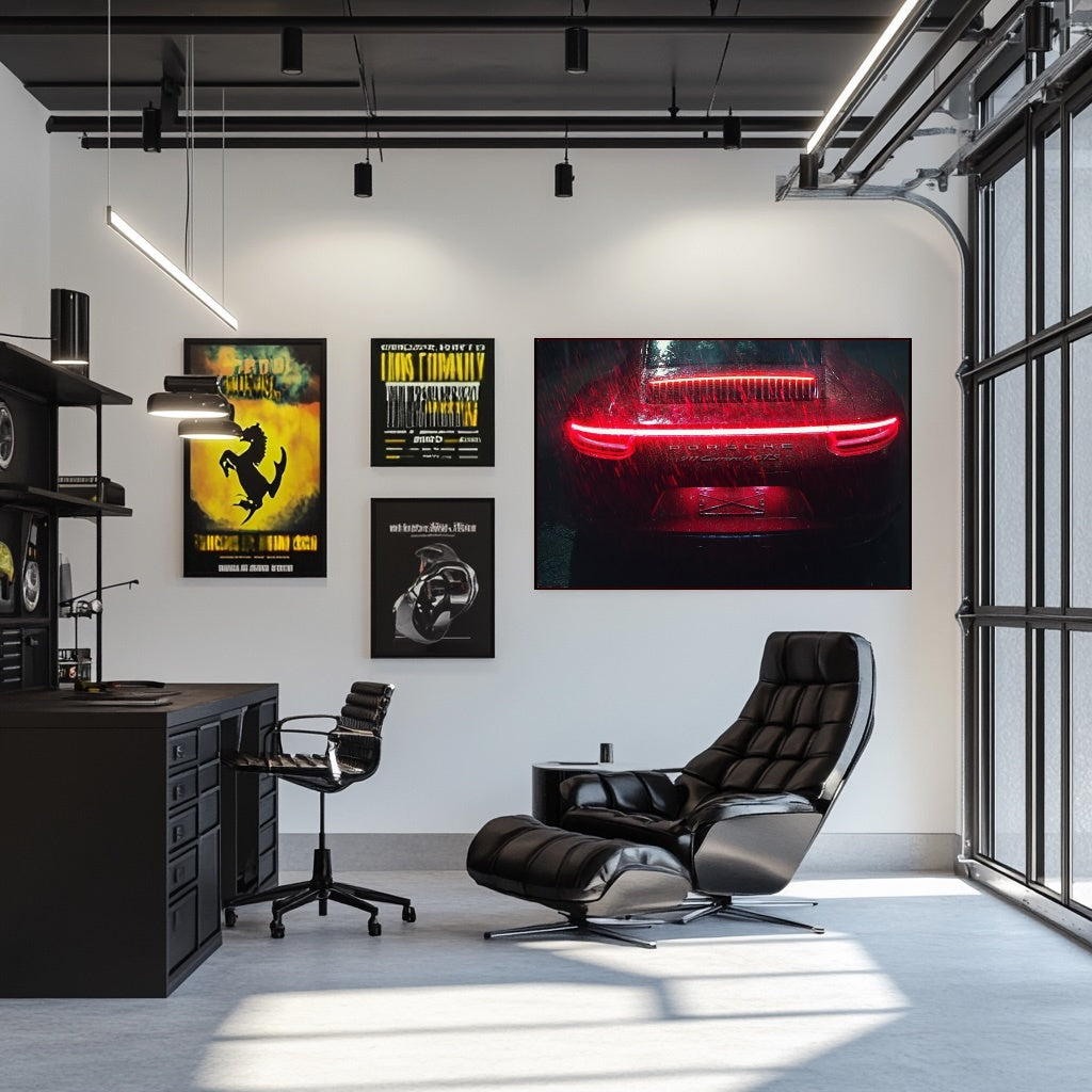 Crimson Porsche 911 in the Rain car wall art displayed in a modern office, illuminated by LED lights.