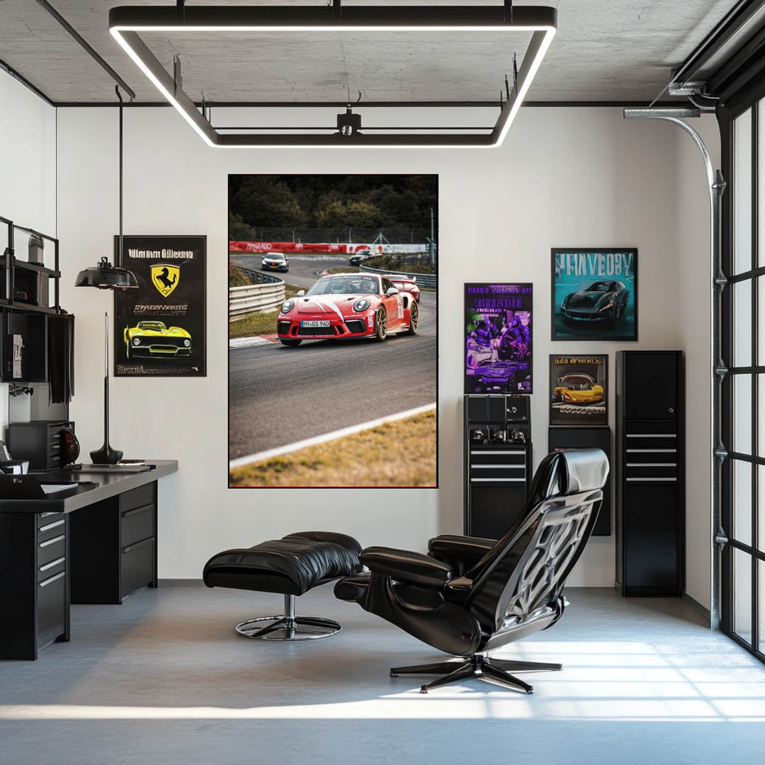 Porsche 911 GT3 RS at Nürburgring displayed as car wall art in a stylish office with racing posters.