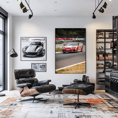 Porsche 911 GT3 RS at Nürburgring captured in stunning car wall art, showcasing thrilling action on a stylish living room wall.