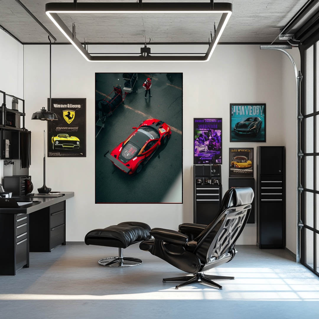 Ferrari GT in the Pits art print showcased in a stylish office with racing-themed decor and a sleek black chair.