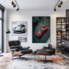 Ferrari GT in the Pits wall art featuring a high-angle shot of a vivid red race car in a stylish living room setting.
