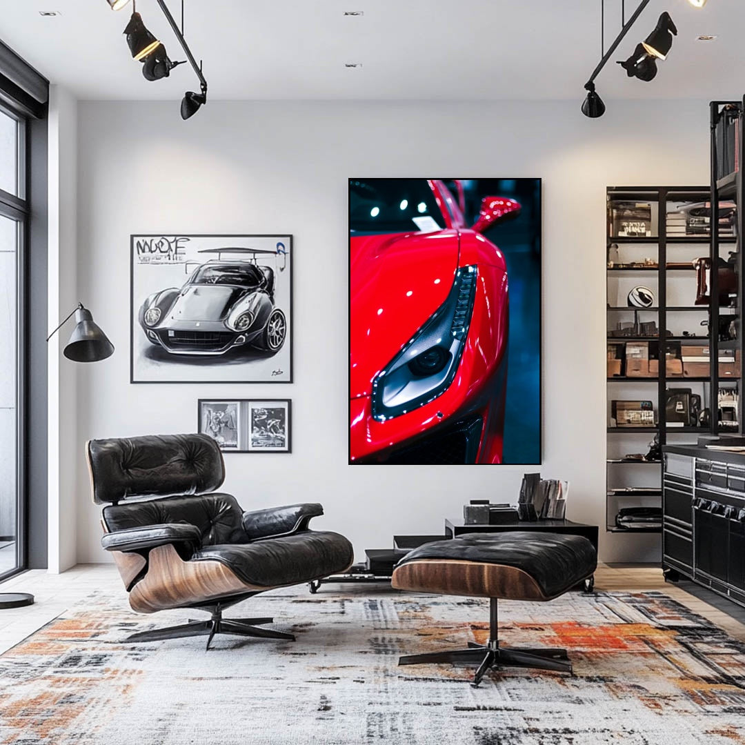 Ferrari Rosso Corsa in Focus displayed as car wall art in a stylish living room interior.