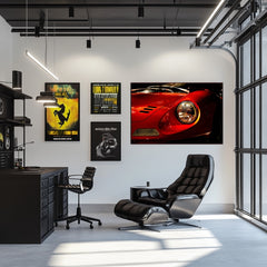 Ferrari Dino 246 GT Timeless Design showcased as car wall art in a modern office setting with dramatic lighting.