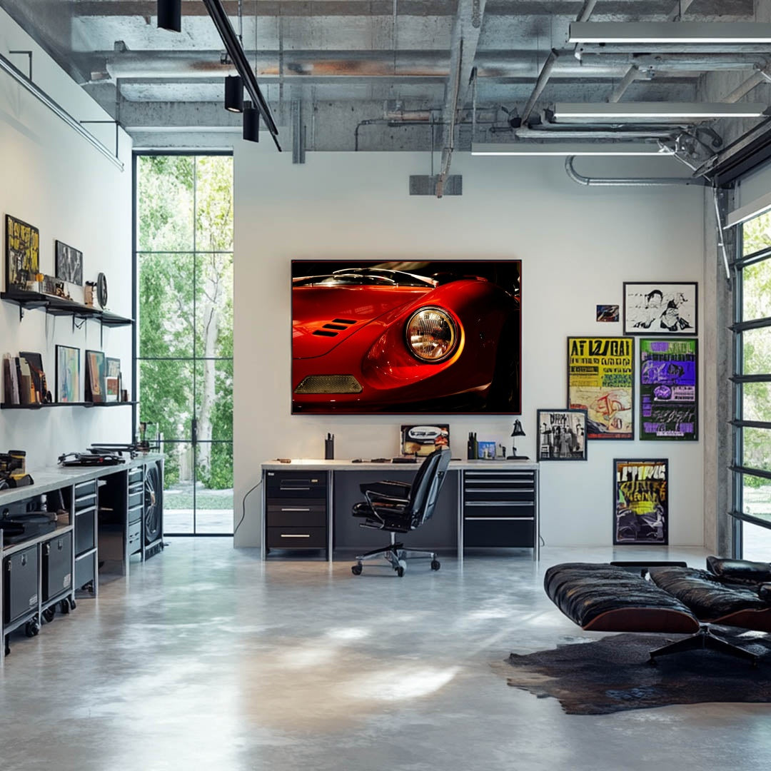 Ferrari Dino 246 GT Timeless Design showcased in a modern office space as striking car wall art on a large screen.