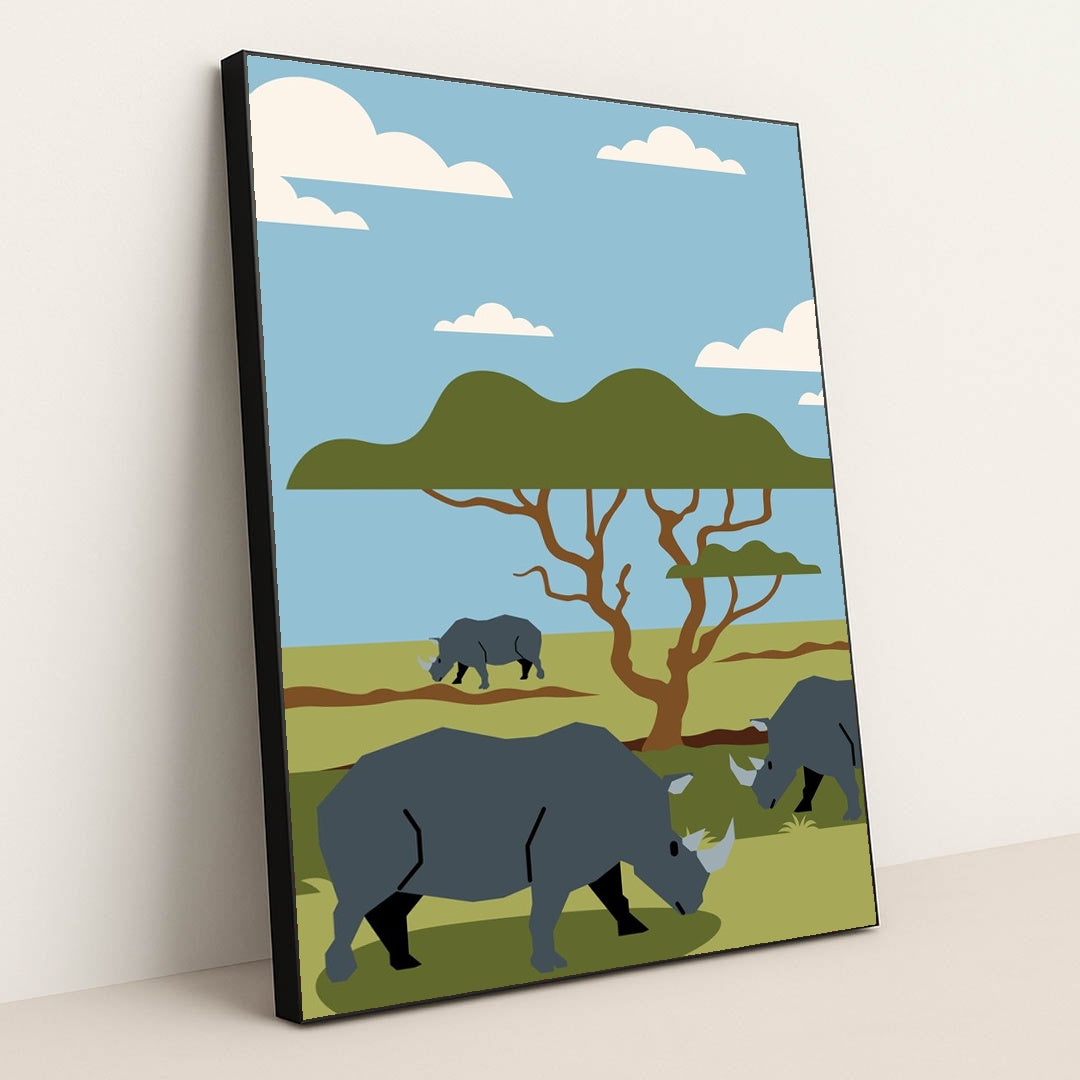 Rhinos Grazing in a Beautiful Field by Silverfork Studio - Black Frame Stretchiez