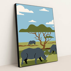 Rhinos Grazing in a Beautiful Field by Silverfork Studio - Black Frame Stretchiez