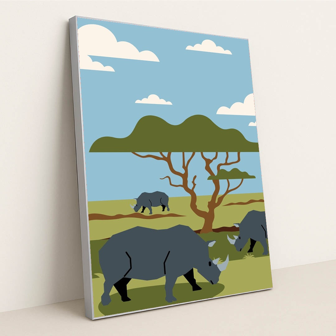 Rhinos Grazing in a Beautiful Field by Silverfork Studio - Silver Frame Stretchiez