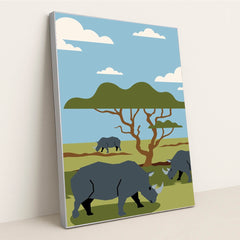 Rhinos Grazing in a Beautiful Field by Silverfork Studio - Silver Frame Stretchiez