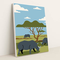 Rhinos Grazing in a Beautiful Field by Silverfork Studio - White Frame Stretchiez