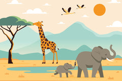 JÄ“ Design - An elephant, giraffe, and baby elephant are in the wild