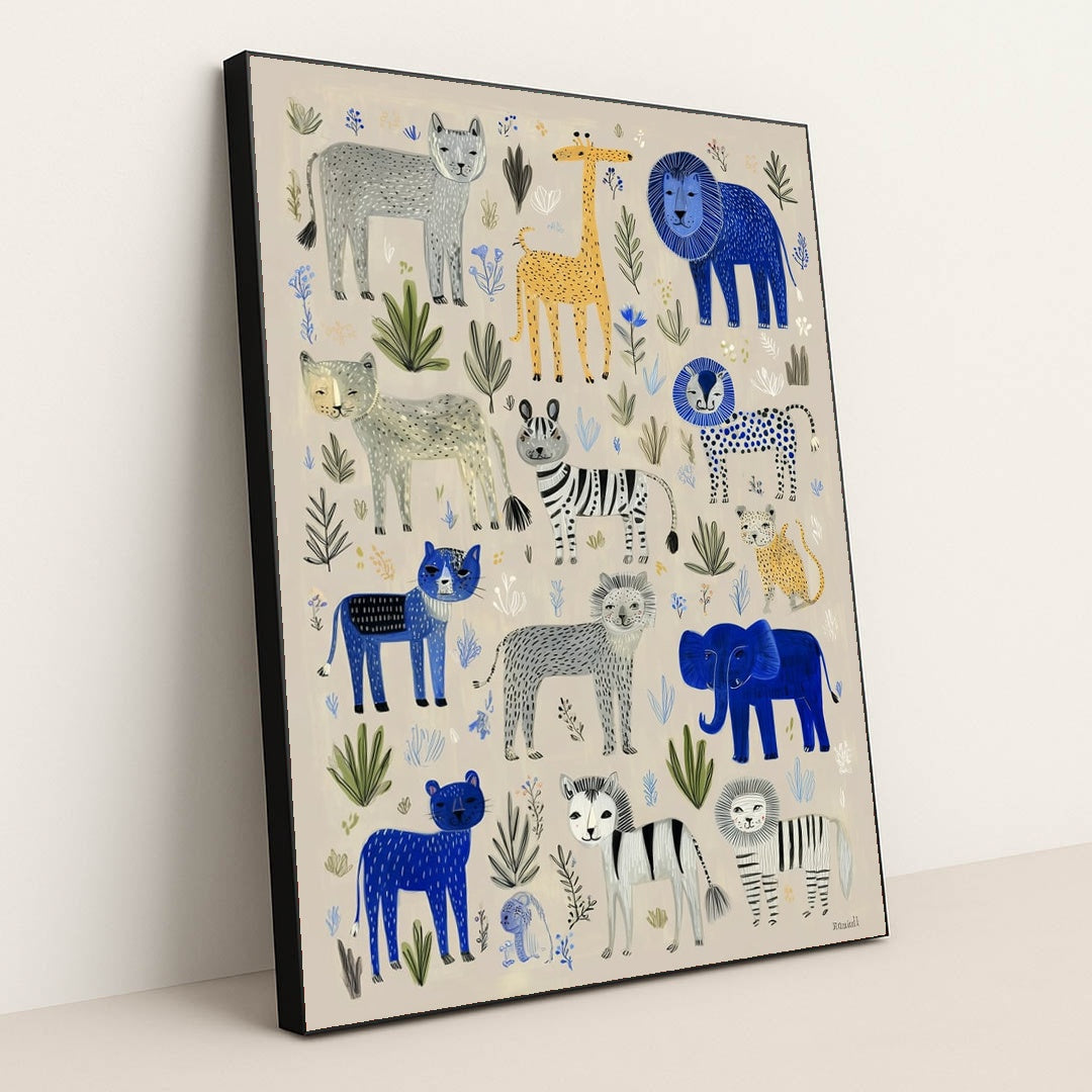 The Gentle Parade of Safari Pals by Melissa King - Black Frame Stretchiez